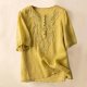 Womens Button Down Embroidery Blouse 3/4 Sleeve Crew Neck Shirts Solid Vintage Casual Loose Tops Daily Fall Clothes