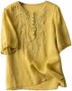 Womens Button Down Embroidery Blouse 3/4 Sleeve Crew Neck Shirts Solid Vintage Casual Loose Tops Daily Fall Clothes