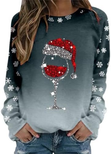 Womens Fashion Merry Christmas Print O Neck Sweatshirt Round Neck Fit Pullover Tops Womens Athletic Zipper