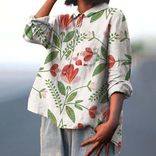 Cotton Tops for Women Women's Linen Lapel Art Floral Round Neck Button Loose Top Casual Summer Cotton Linen Shirt