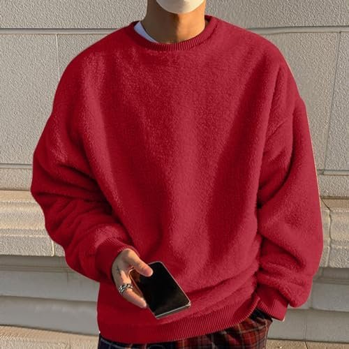 Mens Fuzzy Pullover O Neck Sweatshirt Long Sleeve Sport Solid Color Fall Outwear Sweatshirts Contrast