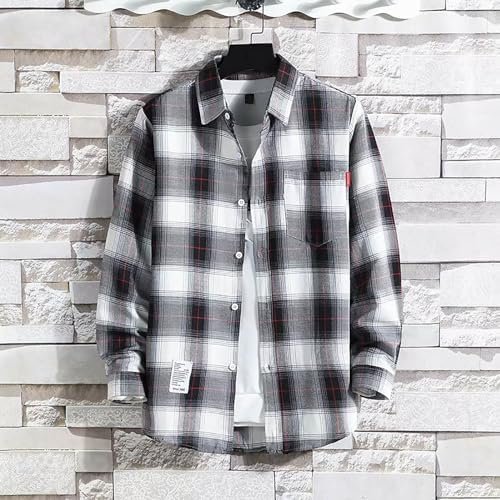 Men's Casual Printed Shirt Autumn and Winter Long Sleeved Breasted Lapel Plaid Shirt Neck T Shirt