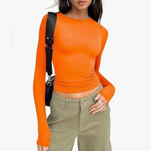 Women's Slim Tops Long Sleeve Round Neck Crop Top Tee Shirt Basic Solid Tight Slim Fit Cropped Shirt Cute Short