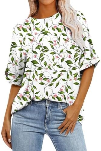 Short Sleeve Blouses for Women Women's Casual Floral Printed Tops Short Sleeve T Shirt Vacation Blouses