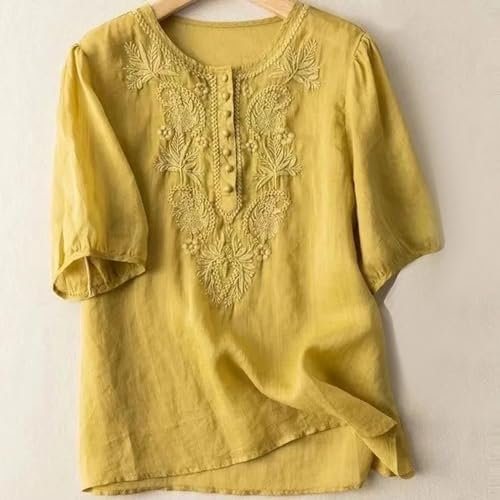 Womens Button Down Embroidery Blouse 3/4 Sleeve Crew Neck Shirts Solid Vintage Casual Loose Tops Daily Fall Clothes